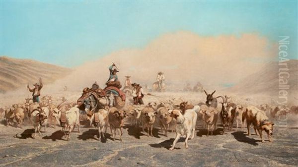 Troupeau En Marche, Le Depart Oil Painting by Emile Loubon