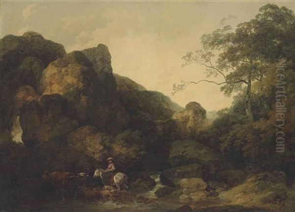 A Rocky Wooded Landscape With A Shepherdess On Horseback Crossing A River Oil Painting by Philip James de Loutherbourg