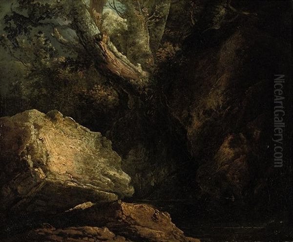 A Rocky Wooded River Landscape Oil Painting by Philip James de Loutherbourg