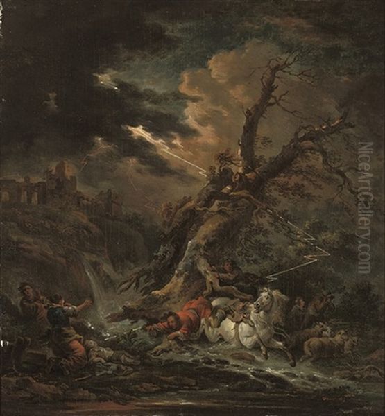 A Stormy River Landscape Oil Painting by Philip James de Loutherbourg