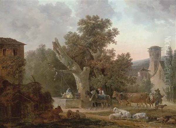 A Village Landscape With A Mule Leading Cattle, A Mother And Child At A Well Oil Painting by Philip James de Loutherbourg