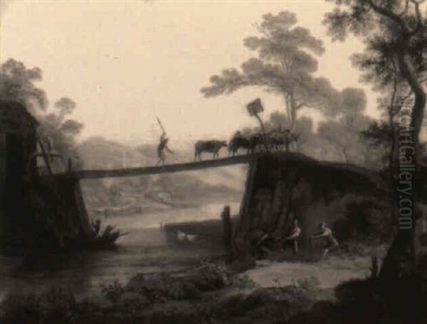 River Landscape With Fishermen And Cattle Drover Oil Painting by Philip James de Loutherbourg