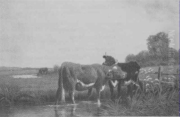Cows Nuzzling In An Extensive Landscape Oil Painting by Clinton Loveridge