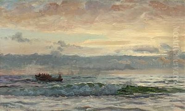 Seascape With People In A Rowboat Oil Painting by Holger Luebbers