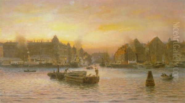 Parti Af Nyhavn, Set Fra Gronlandske Handelsplads, Efter Solnedgang Oil Painting by Holger Luebbers