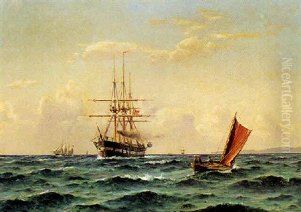 Fregat Og Fiskerbad I Sundet Ud For Kullen Oil Painting by Holger Luebbers