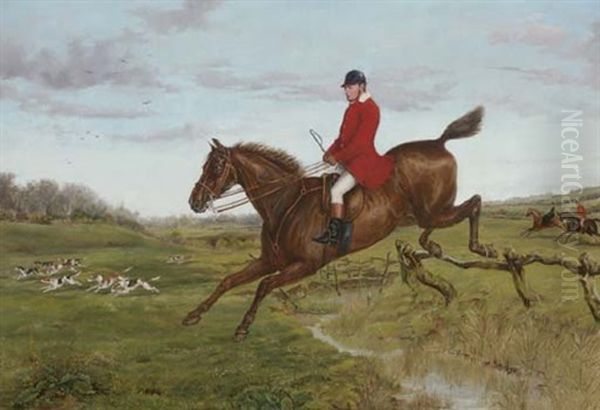 George Castleman On His Hunter Carlist, Jumping A Fence, With Hounds Of The Atherstone Hunt, Traitor, Purser And Somerset In The Distance Oil Painting by Henry Frederick Lucas Lucas