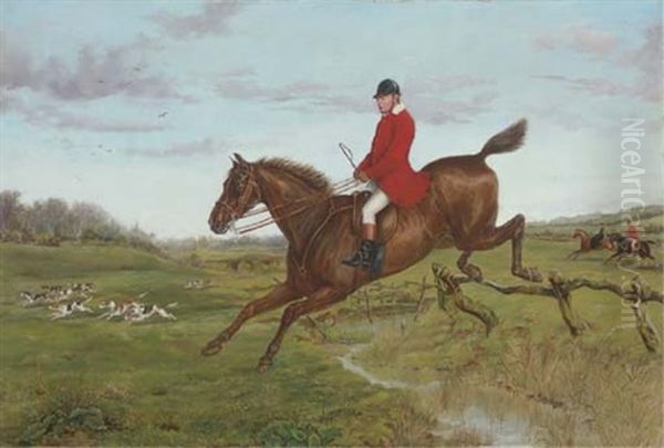 George Castleman On His Hunter "carlist", Jumping A Fence, With Hounds Of The Atherstone Hunt, "traitor", "purser" And "somerset" In The Distance Oil Painting by Henry Frederick Lucas Lucas