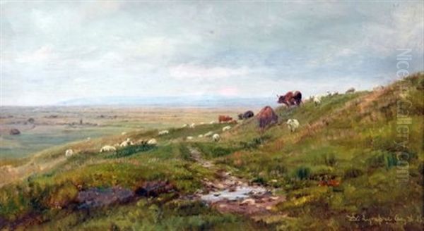 Cattle And Sheep In Hilly Landscape Oil Painting by William Luker Sr.