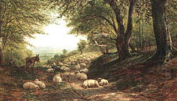 Shepherd And Sheep Resting Oil Painting by William Snr Luker