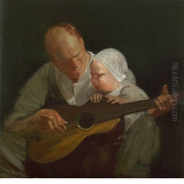 Man And Child With Guitar (portrait Of The Artist's Brother With His Son) Oil Painting by George Benjamin Luks