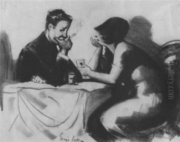 Couple In A Cafe Oil Painting by George Benjamin Luks