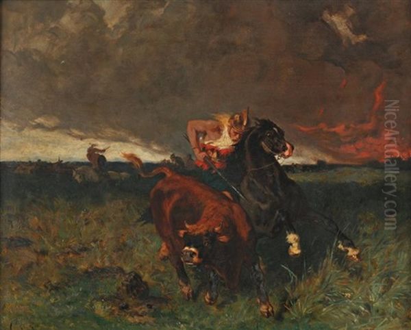 Gaulois A La Chasse Aux Taureaux Sauvages Oil Painting by Evariste Vital Luminais
