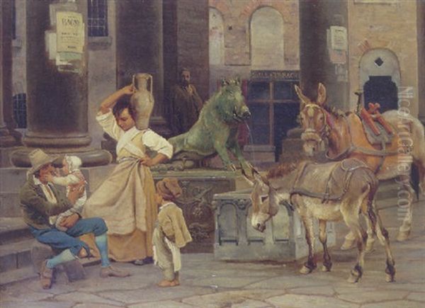 Fontaenen Ved Loggia Dei Mercanti I Florens Oil Painting by Johan Thomas Lundbye