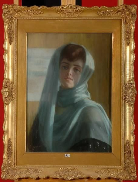 Portrait D'une Elegante Au Voile Bleu Oil Painting by Emile Berchmans