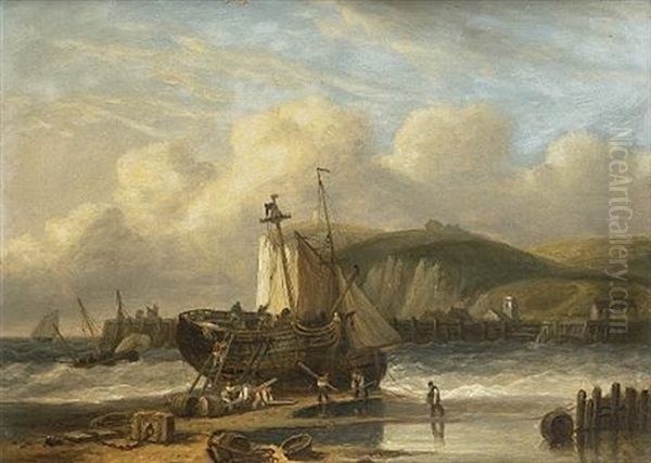 Repairing A Beached Hulk Near A South Coast Harbour Entrance Oil Painting by Thomas Luny