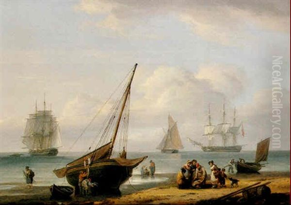 Fisherfolk And Shipping At Teignmouth Oil Painting by Thomas Luny