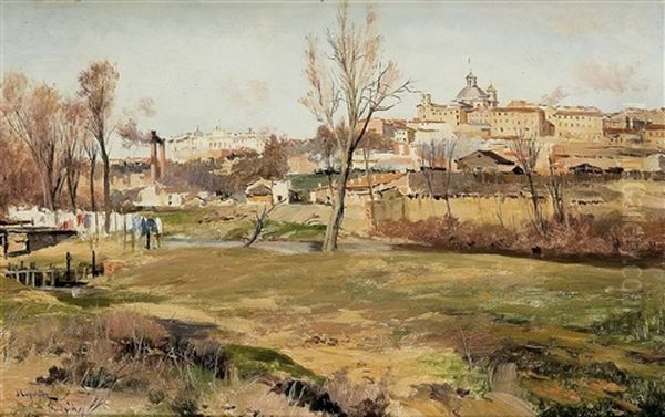 Vista De Madrid Desde El Manzanares Oil Painting by Jose Lupianez y Carrasco