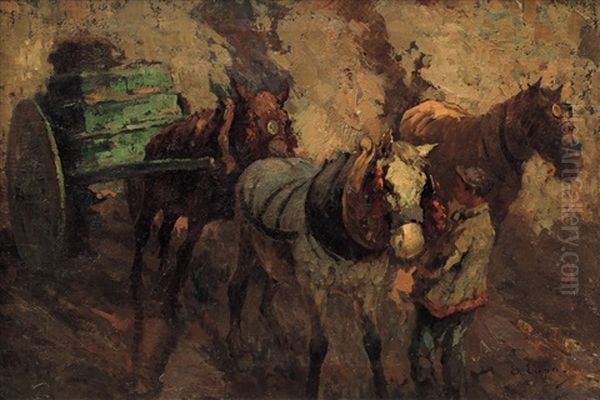 La Carrozzella Ed Il Piccolo Fioraio Oil Painting by Alessandro Lupo