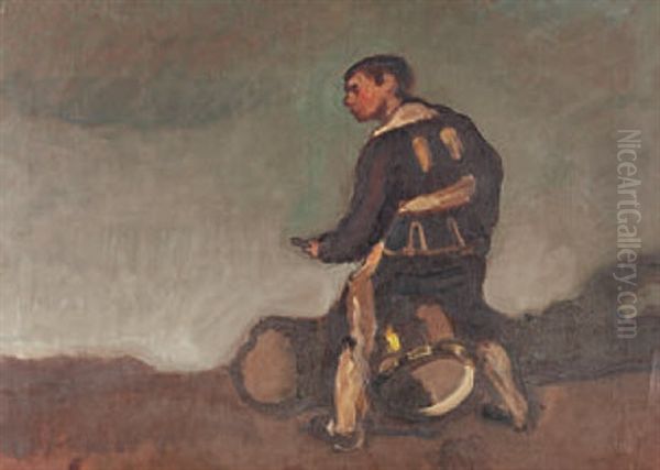 Der Trommler (+ Weiblicher Akt, Charcoal, Verso) Oil Painting by Jean-Jacques Luscher