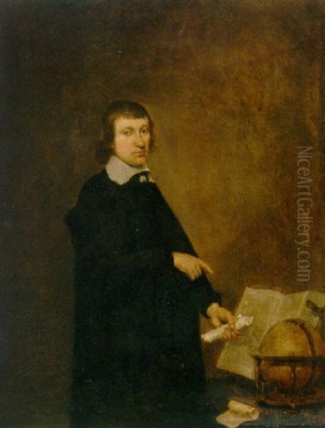 Portrait Of A Geographer In Black Dress With A White Collar, Holding A Scroll, A Globe And An Open Book On A Table Beside Him Oil Painting by Isaac Luttichuys