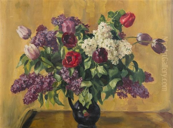 Lilacs And Tulips Oil Painting by Paula Lutzenburger