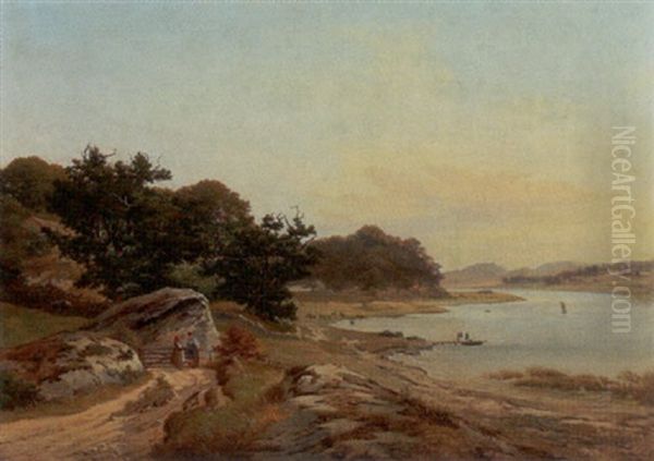 Klippelandskab Med So Og Personer Oil Painting by Lauritz Rasmus Lyngbye