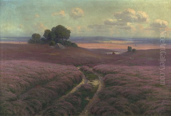 Auf Bluhender Heide: Spatsommer In Der Luneburger Heide Oil Painting by Arnold Lyongrun