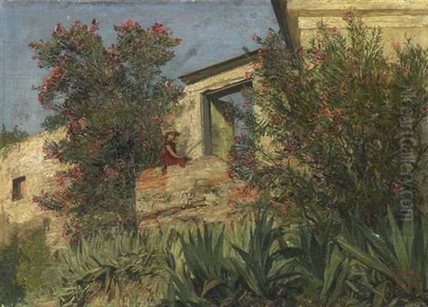 Im Garten Eines Italienischen Hauses. Junge Frau Zwischen Bluhenden Oleanderbuschen Auf Einer Brustung Sitzend Oil Painting by Georg Macco