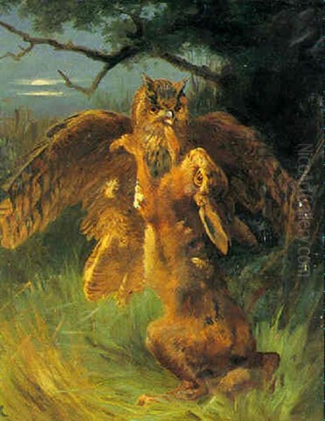 Hare Og Ugle I Kamp Oil Painting by Adolf Heinrich Mackeprang