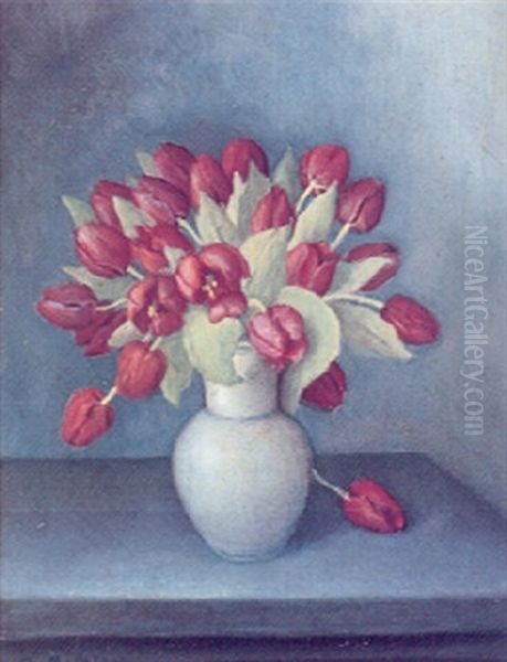 Rode Tulipaner I En Bla Stentojskrukke Oil Painting by Jeppe Madsen Ohlsen