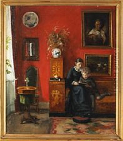 Interior A Woman And A Little Boy Oil Painting by Karl Johan Vilhelm Madsen