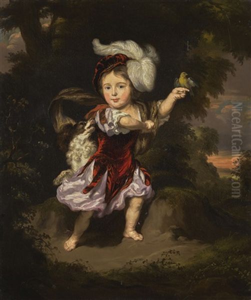 Portrait Of A Child In A Landscape, With A Dog And A Goldfinch Oil Painting by Nicolaes Maes