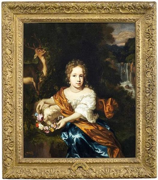 Bildnis Eines Madchens Mit Schaf Und Hirsch Vor Landschaftshintergrund Mit Wasserfall Oil Painting by Nicolaes Maes
