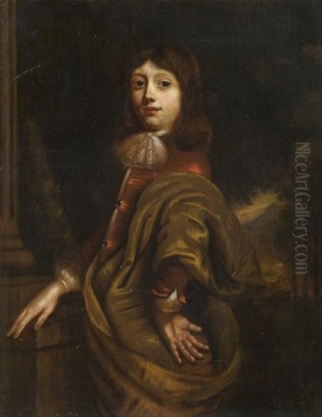 Portrait De Jeune Garcon Appuye A Une Colonne Devant Un Paysage Oil Painting by Nicolaes Maes