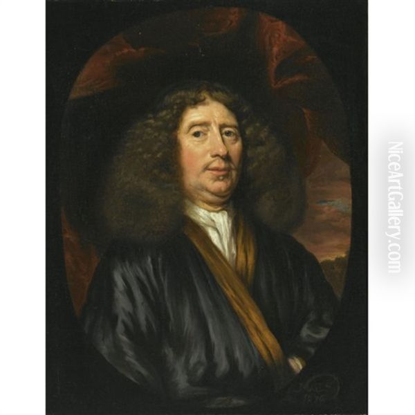 Portrait Of A Gentleman, Wearing A Dark Blue Coat With A White Chemise Oil Painting by Nicolaes Maes