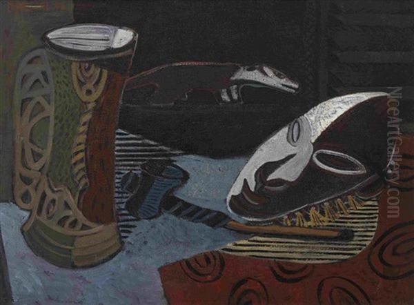 Stillleben Mit Becher, Neuguinea Maske Und Pfeife Oil Painting by Emil Maetzel