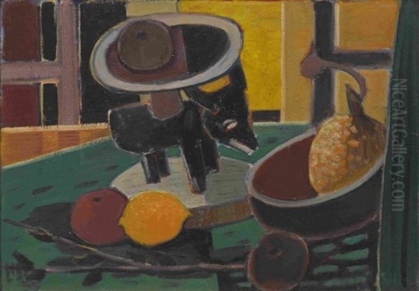 Stillleben Mit Zitrone Und Kultschale (2 Stilleben Mit Negerplastik) Oil Painting by Emil Maetzel