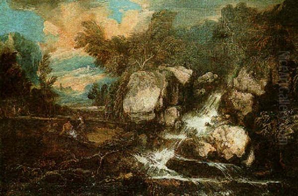 A Mountainous Landscape With Figures Resting By A Waterfall Oil Painting by Alessandro Magnasco