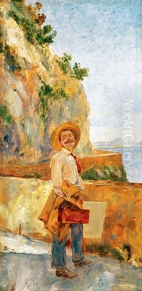 Festo A Tengerparton (painter On The Beach) Oil Painting by Gusztav Magyar Mannheimer
