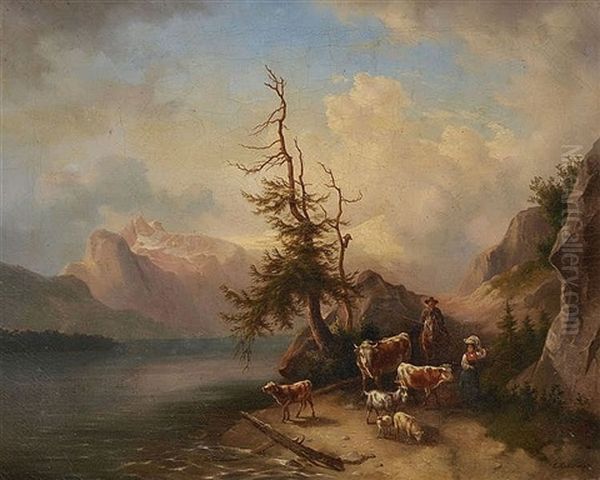 Hirten Mit Vieh Am Ufer Des Traunsees Oil Painting by Edmund Mahlknecht