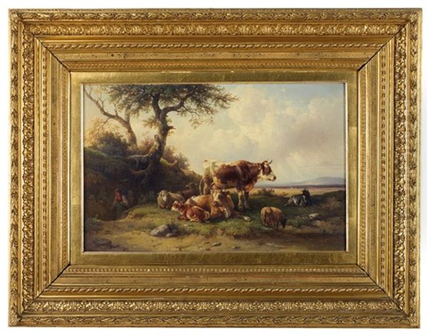 Rinder, Schafe Und Ein Ziegenbock Auf Der Weide Unter Einem Knorrigen Baum Oil Painting by Edmund Mahlknecht