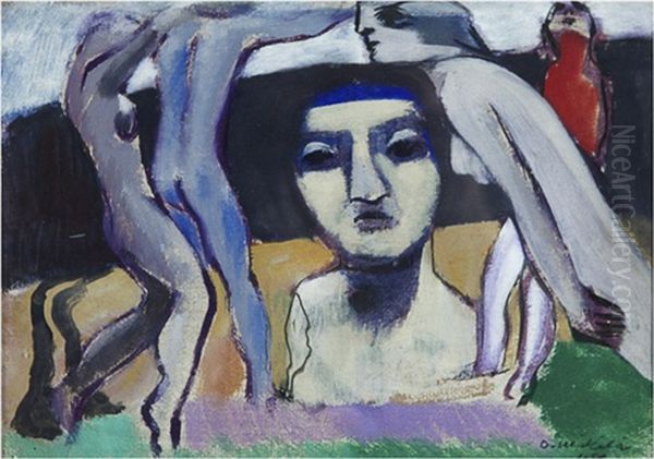 Four Naked And A Bigger Bust Oil Painting by Otto Makila