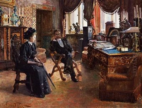 Russian Belle Epoque Interior With A Lady And Gentleman In Silent Conversation Oil Painting by Alexandr Vladimirovich Makovsky