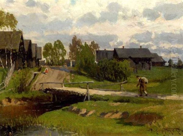 Village Scene Oil Painting by Alexandr Vladimirovich Makovsky