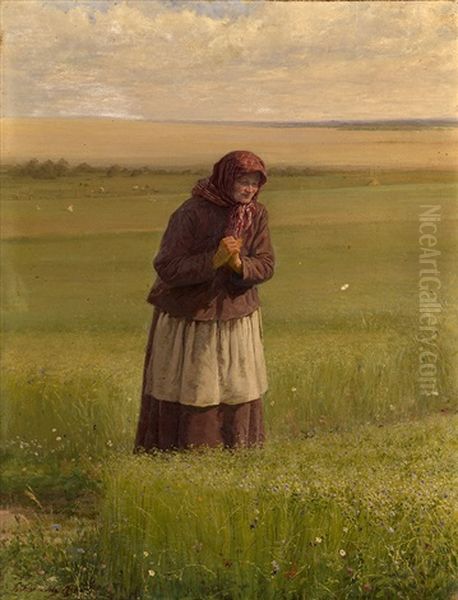 Old Woman In The Field (version Of By The Allotment) Oil Painting by Vasily Maksimov