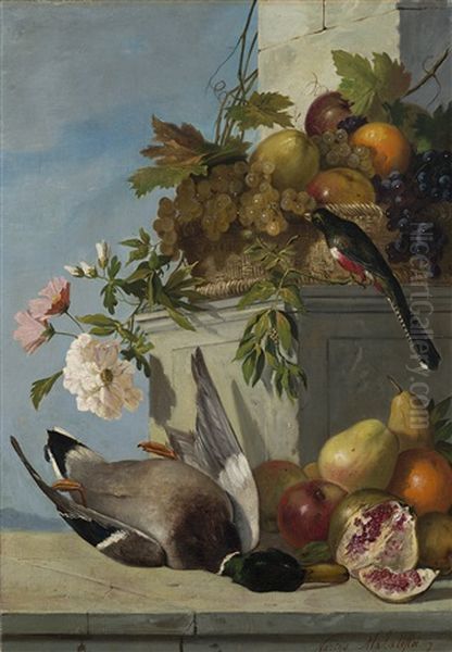 Frutti, Fiori E Pennuti Oil Painting by Narciso Malatesta