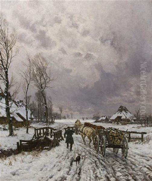 Horses Carting The Lumber; Mecklenburg, Germany Oil Painting by Karl Wilhelm Christian Malchin