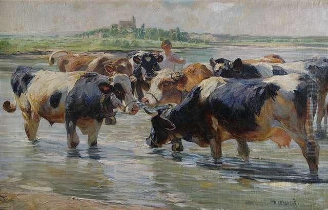 Cattle At A Watering Place Near Woerth/karlsruhe Oil Painting by Max Bergmann
