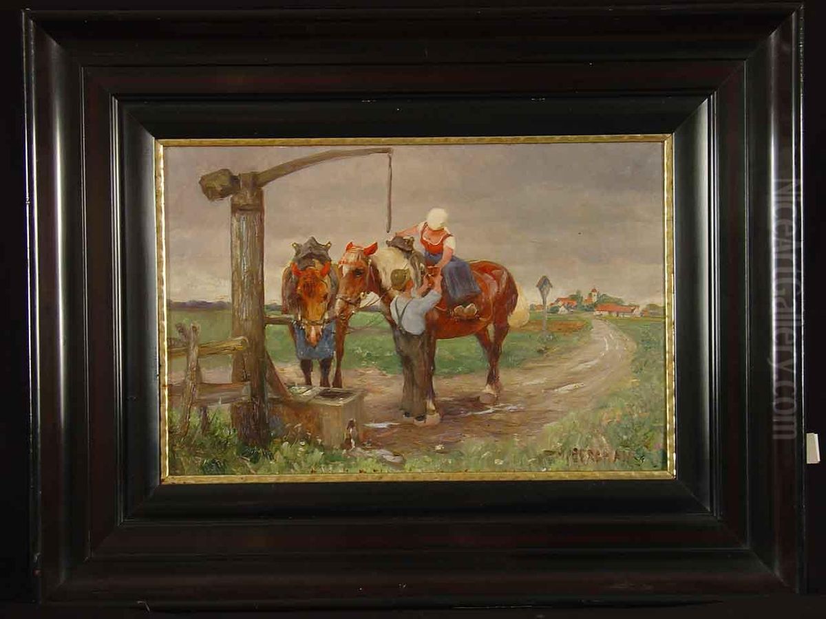 Junge Bauerin Zu Pferde Bringt Dem Bauern Einen Krug Oil Painting by Max Bergmann